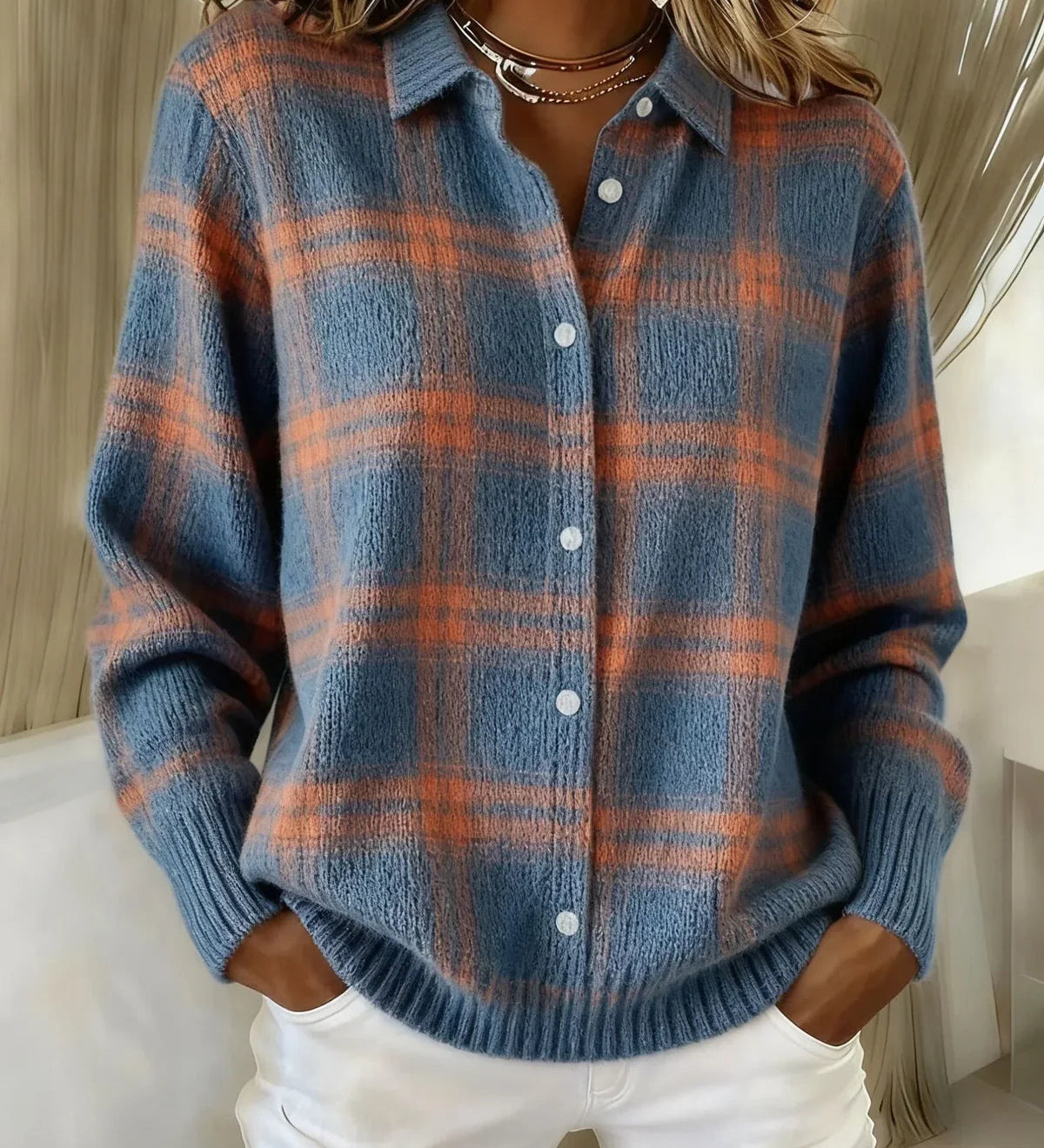 Roswitha | Karierte Strickjacke mit Knopfleiste
