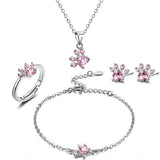 Rose Gold Pfoten Schmuckset – 4-teilig mit Zirkonia-Herz (Ring, Halskette, Ohrringe, Armband)