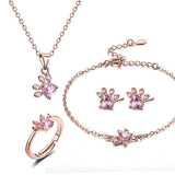 Rose Gold Pfoten Schmuckset – 4-teilig mit Zirkonia-Herz (Ring, Halskette, Ohrringe, Armband)