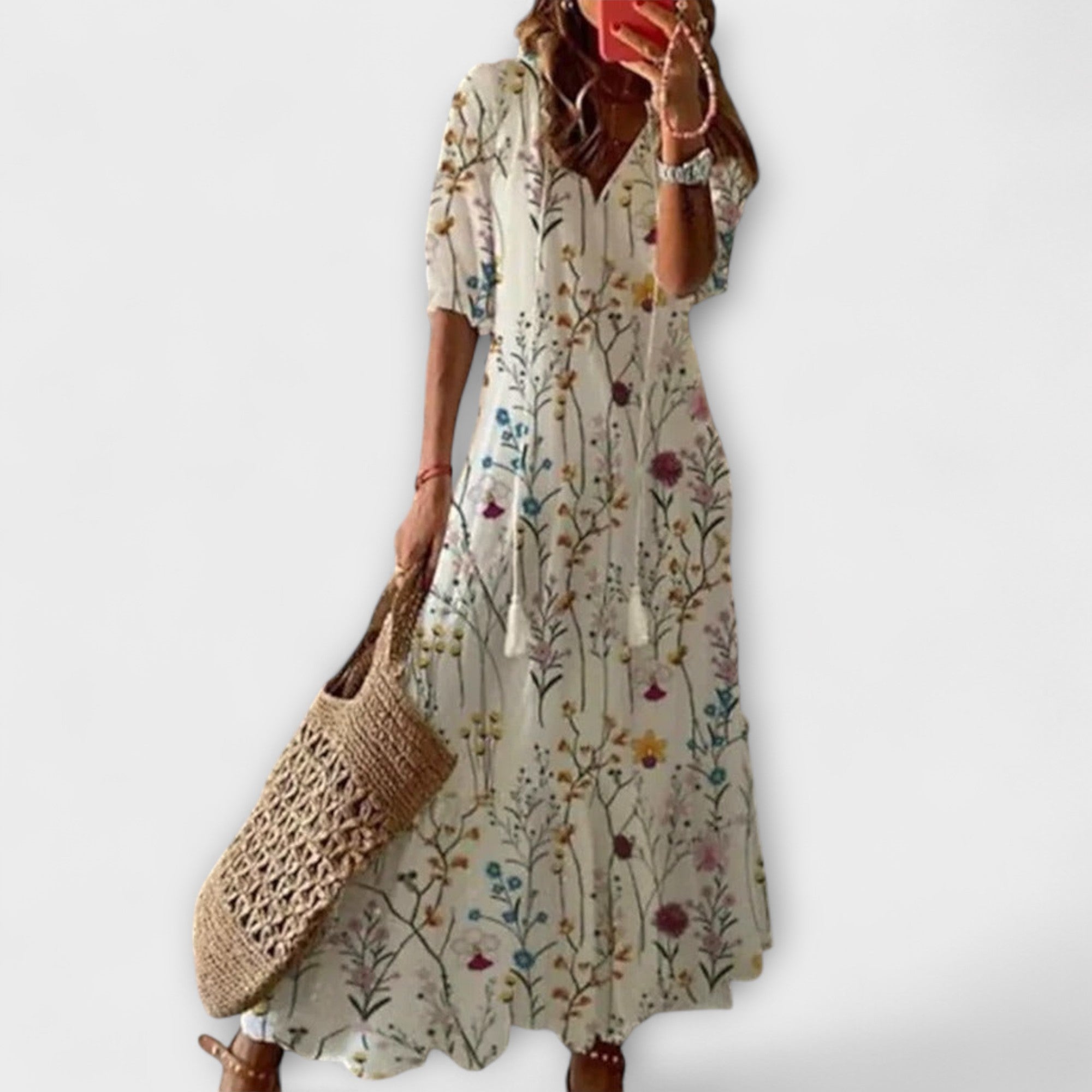 Anna | Fließendes Sommerkleid mit Blumenprint und V-Ausschnitt