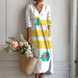 Mechthild | Midi-Kleid mit Streifen und Vogel-Motiv