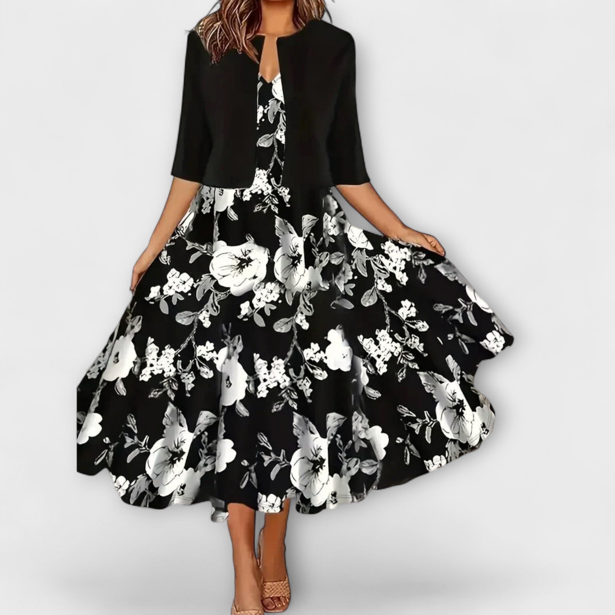 Cornelia | Midi-Kleid im Zweiteiler-Look mit Blumendruck