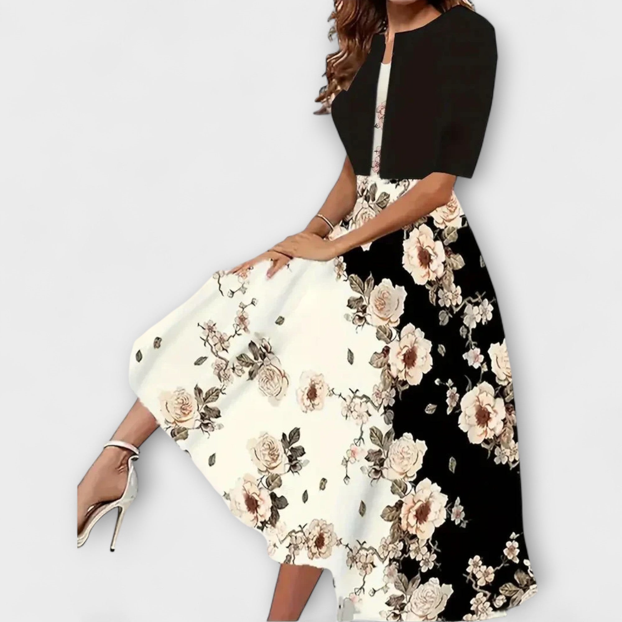 Cornelia | Midi-Kleid im Zweiteiler-Look mit Blumendruck