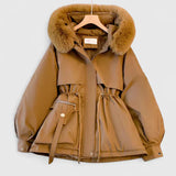 Damen Parka mit Reißverschluss aus Kunstfell und Kapuze mit Besatz