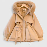 Damen Parka mit Reißverschluss aus Kunstfell und Kapuze mit Besatz