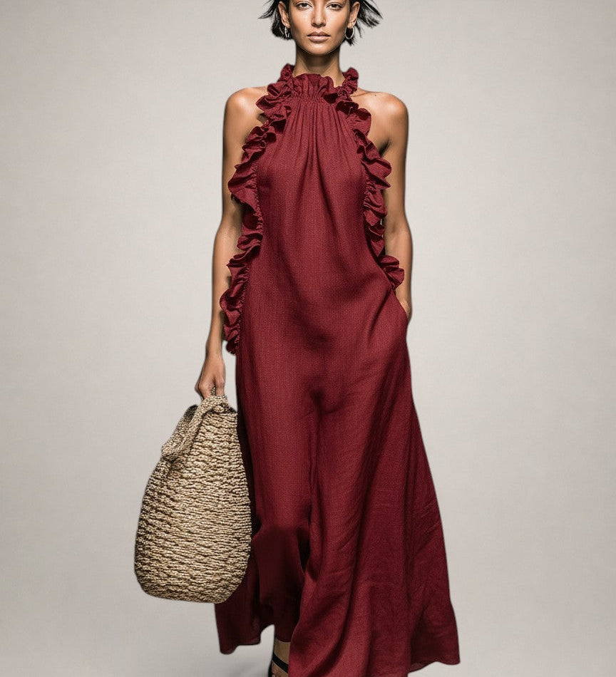 Helene | Ärmelloses Leinen-Maxikleid mit Rüschen