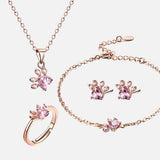 Rose Gold Pfoten Schmuckset – 4-teilig mit Zirkonia-Herz (Ring, Halskette, Ohrringe, Armband)