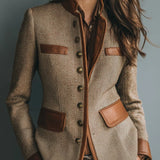 Damen Vintage Fischgräten-Tweed Jacke mit Lederbesatz und Knopfleiste