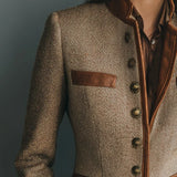 Damen Vintage Fischgräten-Tweed Jacke mit Lederbesatz und Knopfleiste