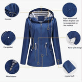 Damen wasserdichte Kapuzenjacke mit gestreiftem Futter und Kordelzug in der Taille