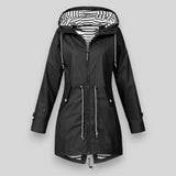 Damen wasserdichte Kapuzenjacke mit gestreiftem Futter und Kordelzug in der Taille
