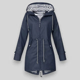 Damen wasserdichte Kapuzenjacke mit gestreiftem Futter und Kordelzug in der Taille