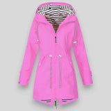 Damen wasserdichte Kapuzenjacke mit gestreiftem Futter und Kordelzug in der Taille