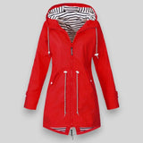 Damen wasserdichte Kapuzenjacke mit gestreiftem Futter und Kordelzug in der Taille